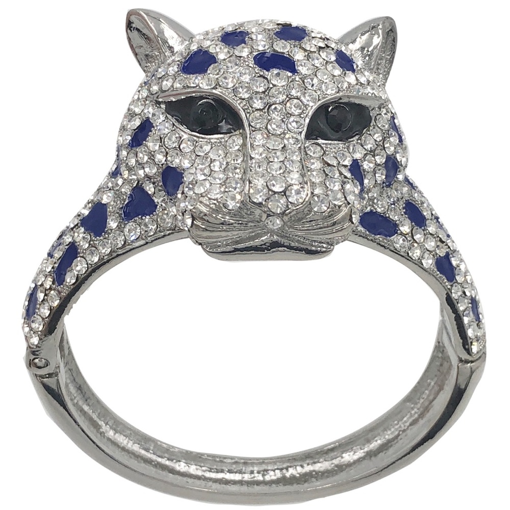 Large Rhinestone Leopard Face Silver Blue Hinged Big Statement Bangle Bracelet